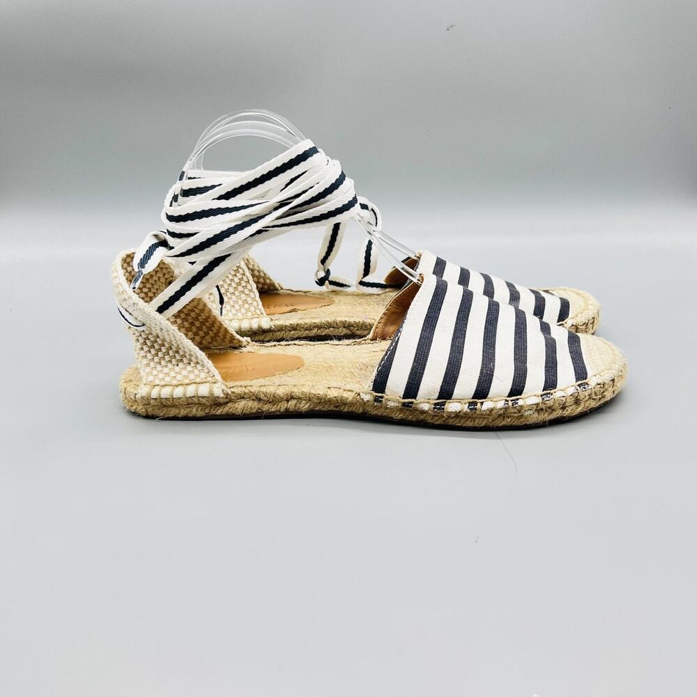 J Crew Sandals Womens 7.5 Blue Cotton Striped Espadrille Ankle Wrap Tie Shoes